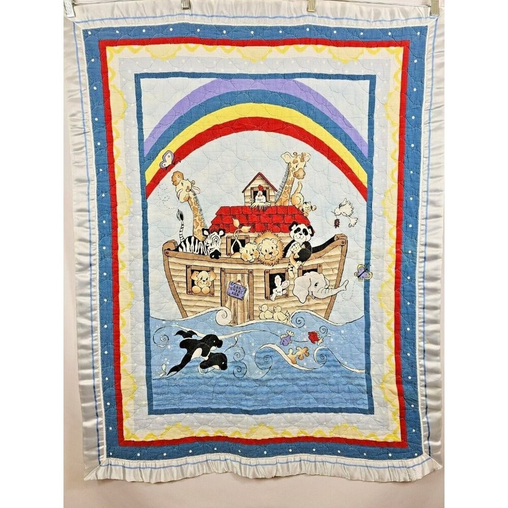 Noahs Ark Soft Satin Trim VTG‎ Bold Multicolor Animal Print Baby Blanket Throw